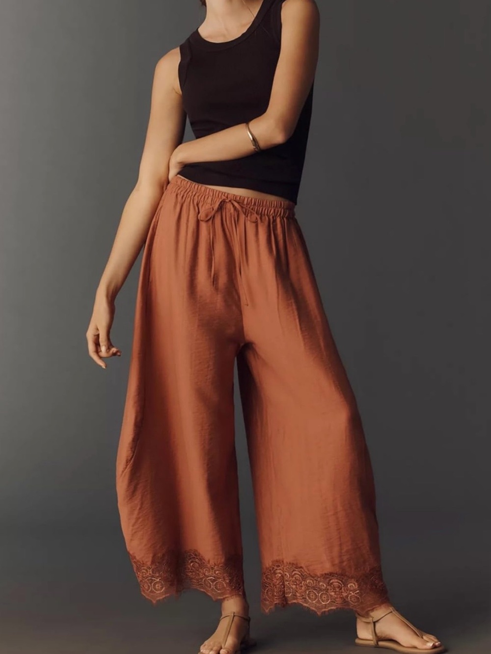 Amazon Rust Wide-Leg Pants with Lace Hem